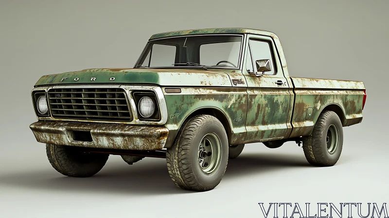 Aged green pickup truck rendered with detailed rust patina