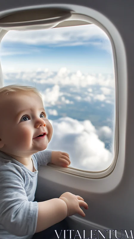 Infant gazing at clouds through airplane window with wonder.