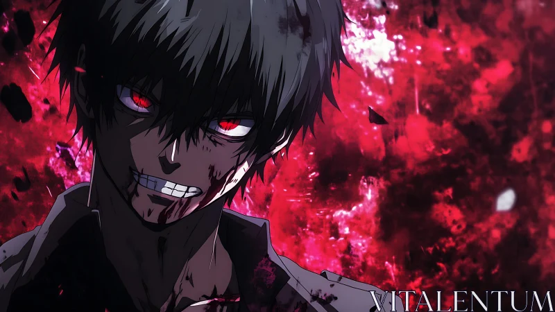 Bloodied anime antihero with glowing red eyes, enraged