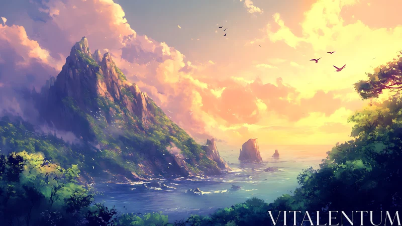 Coastal Mountain Landscape with Layered Sky and Vegetation.