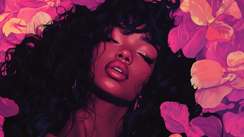 Chromatic portrait immersion in neon florals and sculpted light.