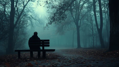Solitary figure sits on park bench in dense blue fog