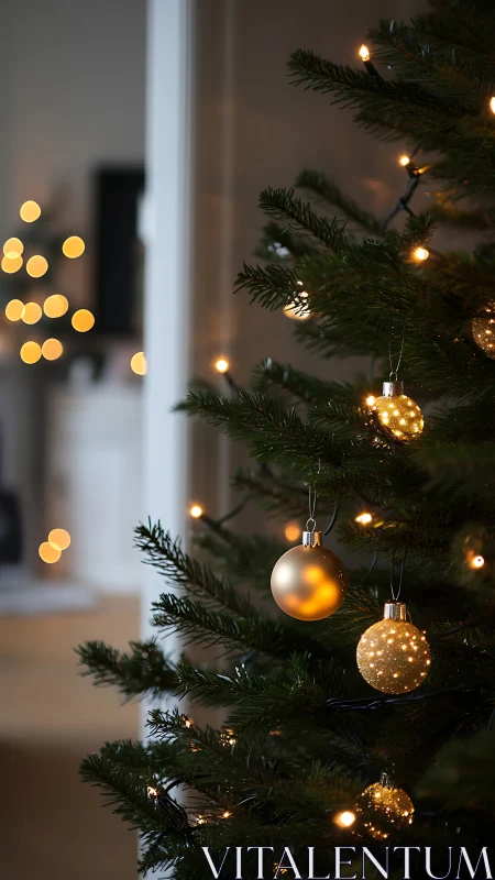 Christmas tree with golden baubles and warm defocused lights