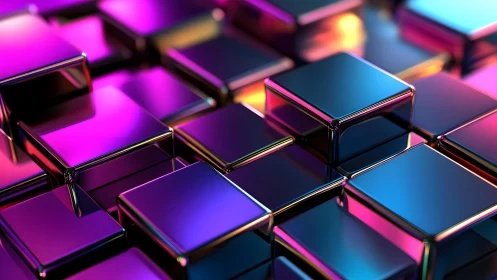 Chromed reflective cubes under neon gradient rim lighting field