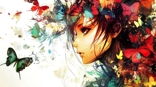 Vivid anime portrait merges butterflies and swirling paint.