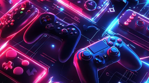Neon lit gaming controllers in high contrast RGB glow grid