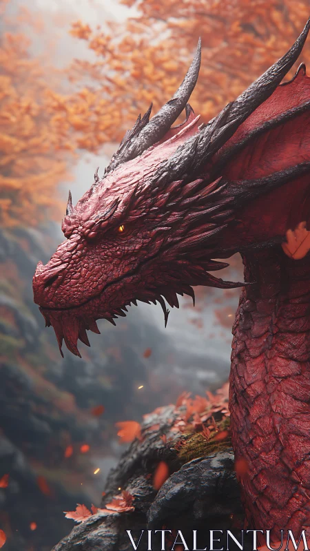 Crimson dragon profile against blurred autumn gorge.