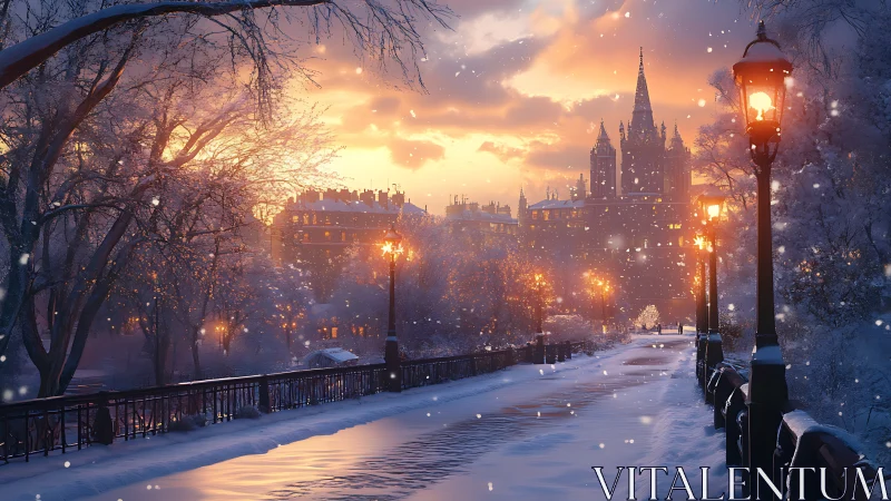 Snowy city bridge glows beneath a warm winter sunset sky