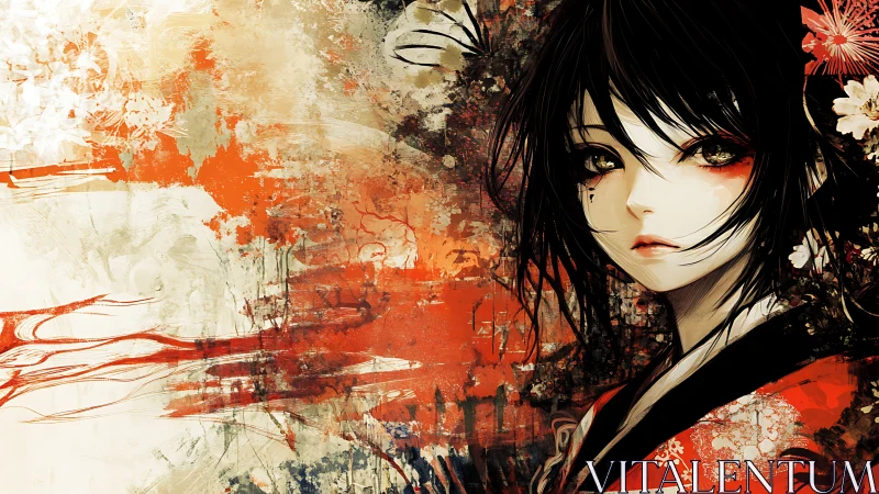 Dark haired anime girl in red kimono over bold grunge art