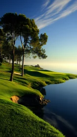Coastal golf fairway with pond under clear evening sky.