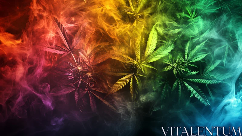 Chromatic cannabis leaves immersed in dense multicolored vapor field