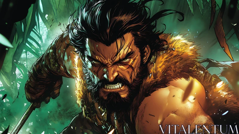 Savage warrior lunges through jungle in dynamic lighting.