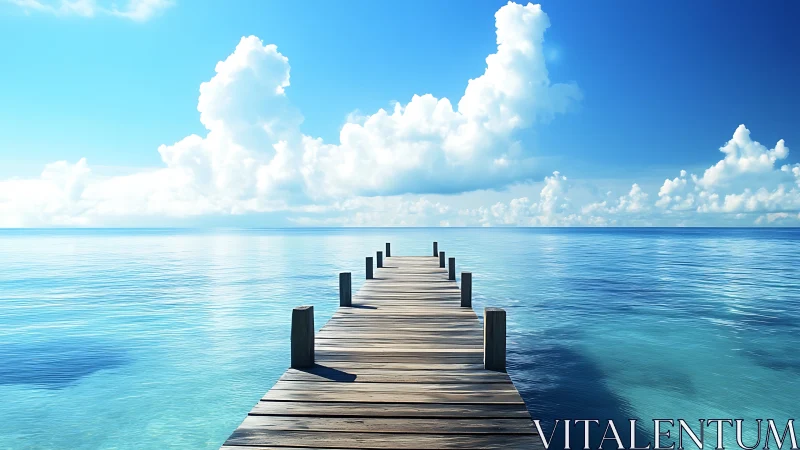 Quiet pier marching into cloud-bright turquoise daydream.