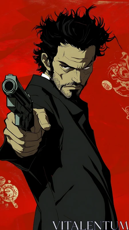 Intense gunman steps forward against a bold red backdrop