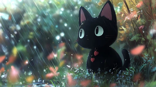 Black anime cat in rainy forest glade with red heart collar.