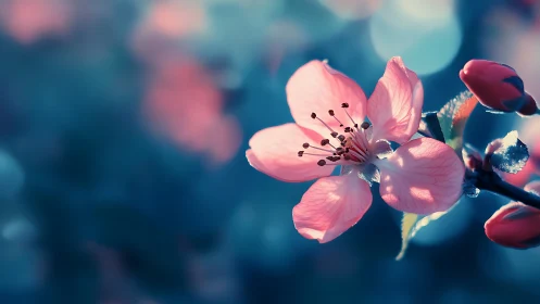 Pink Blossoms Backlit Against Teal Bokeh. Macro Photography Study.
