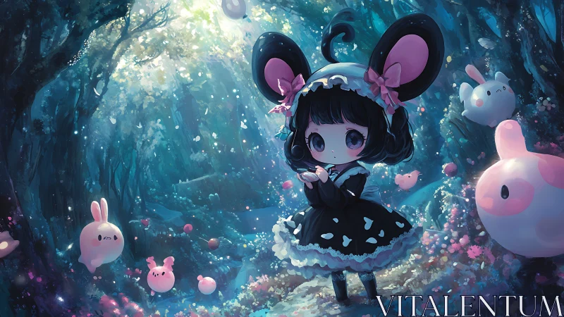 Chibi character with mouse ears in luminous forest scene.