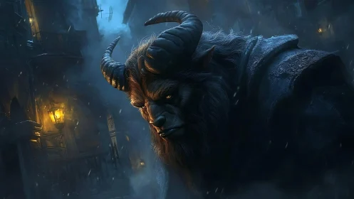 Horned beast stalks foggy alley under cold lantern light