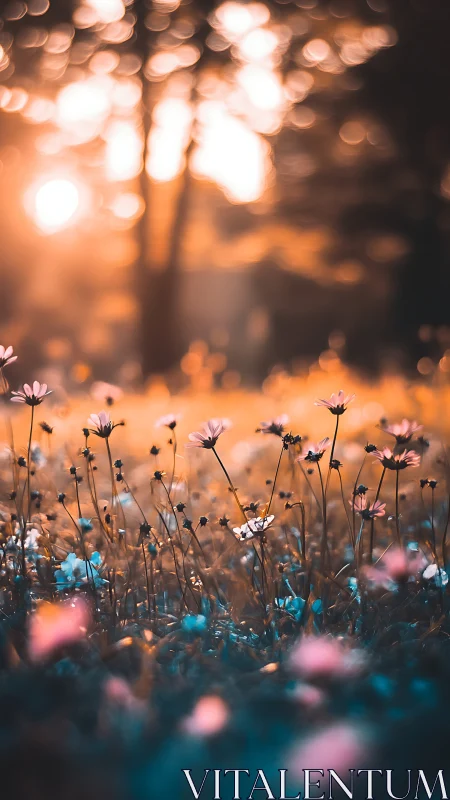 Cinematic shallow-focus wildflower meadow at golden hour.