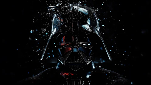 Dark sci fi helmet portrait with shattered particle glow.