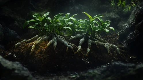 Bioluminescent-style forest plants with exposed twisted roots