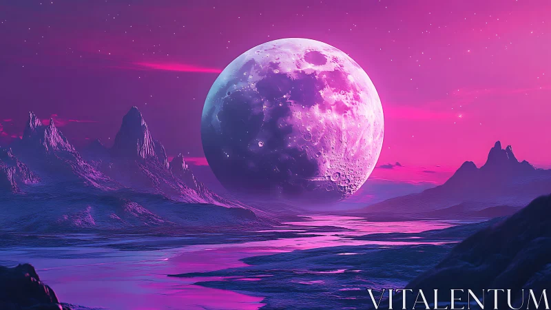 Luminous lunar horizon over magenta alien seascape.