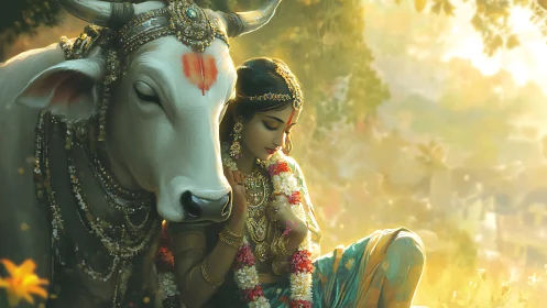 Female figure in ornate dress sits beside decorated white cow