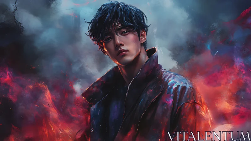 Brooding lone figure emerges through crimson stormfire