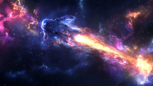 Astronaut propelled through vivid cosmic nebula trail.