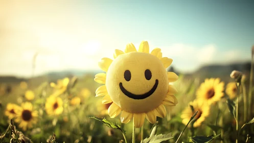 Smiley face sun toy positioned among blooming sunflowers.