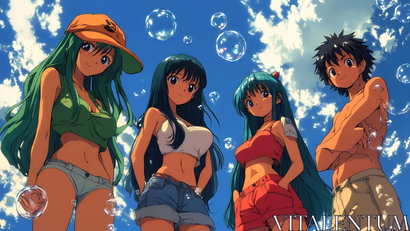 Summer anime group under vibrant blue sky with bubbles.
