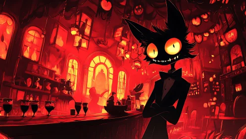 Sinister cat bartender in vivid crimson cocktail bar.