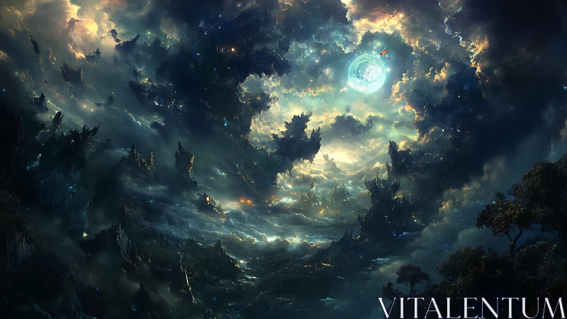 Celestial storm opens a luminous portal above alien cliffs.