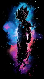 Electric warrior silhouette glows in cosmic neon energy