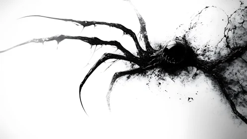 Sinister ink arachnid forming from abstract black sphere.