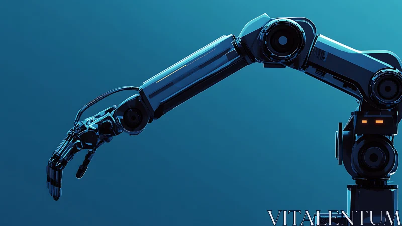 Steel limb reaches outward in cool teal industrial glow.