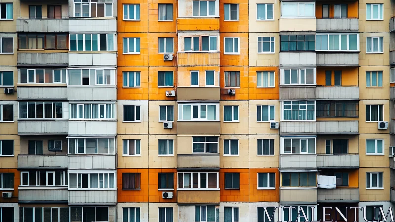 High-rise apartment facade shows grid of windows and balconies