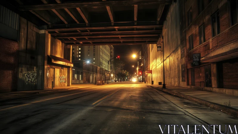 Empty downtown underpass street lit by orange streetlights.