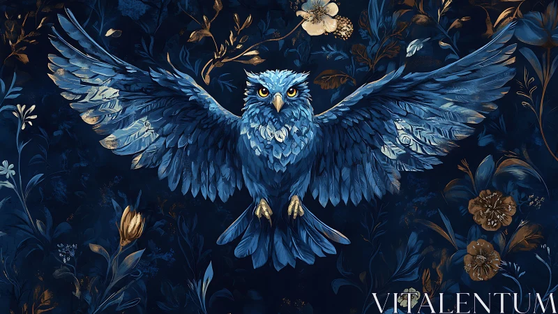 Majestic blue owl with outstretched wings in floral art style.