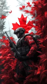 Canadian soldier in red maple forest with flag backdrop.