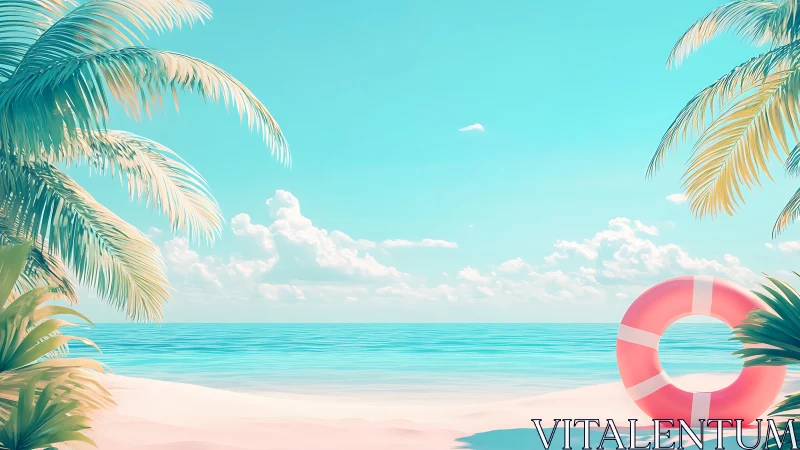 Tropical Beach Paradise with Pink Life Ring.