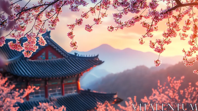 Cherry blossoms framing traditional pavilion at pastel sunset