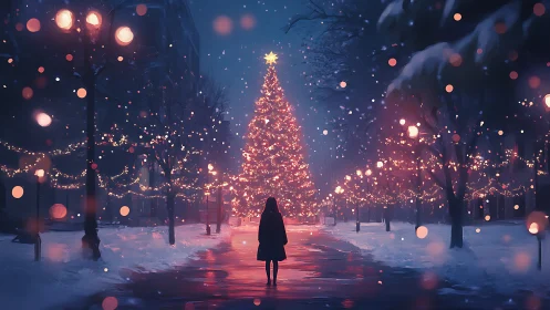 Silent winter night with glowing city Christmas tree centerpiece.