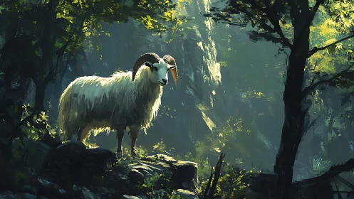 Mountain ram stands in dappled forest light rendered in loose brushwork