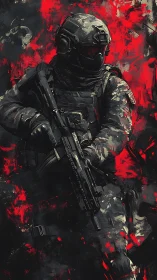 Crimson battle haze surrounds a focused tactical soldier