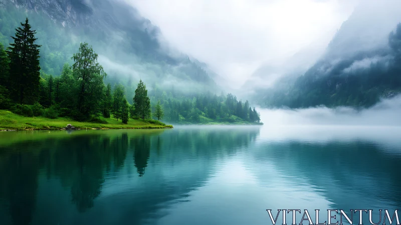 Mist over calm mountain lake with dense green forest.