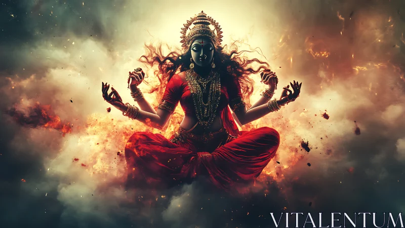 Multi-armed deity figure levitates within fire and smoke field