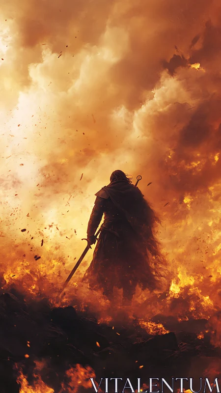 Lone ember knight walks upstream through a burning storm