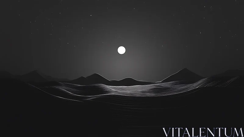 Minimal moonlit dunes under stars in monochrome horizon.