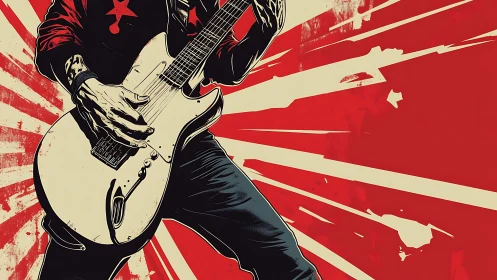 Electric guitarist explodes with energy on bold red stage